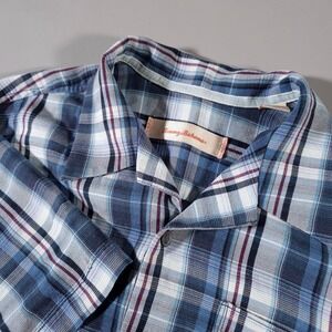 Tommy Bahama Button Down Mens Large Blue Plaid 100% Silk Short Sleeve Camp Shirt